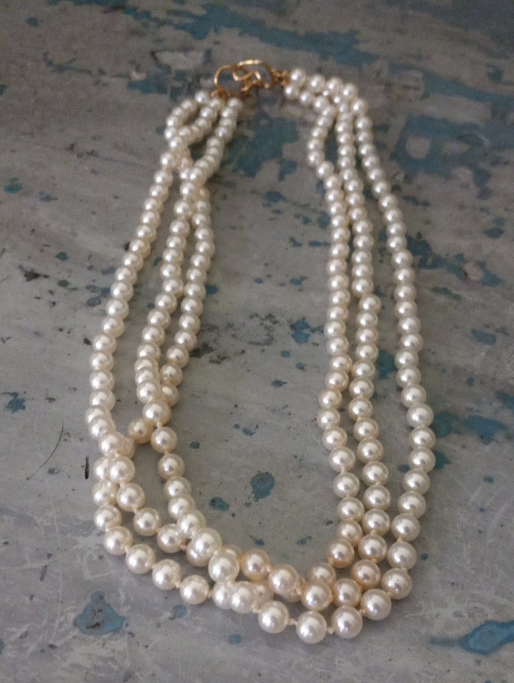 Vintage Three-Strand Faux Pearl Necklace Gold Clasp